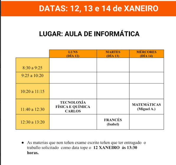 Calendario xaneiro de exames materias pendentes ESO Calendario xaneiro de exames materias pendentes ESO